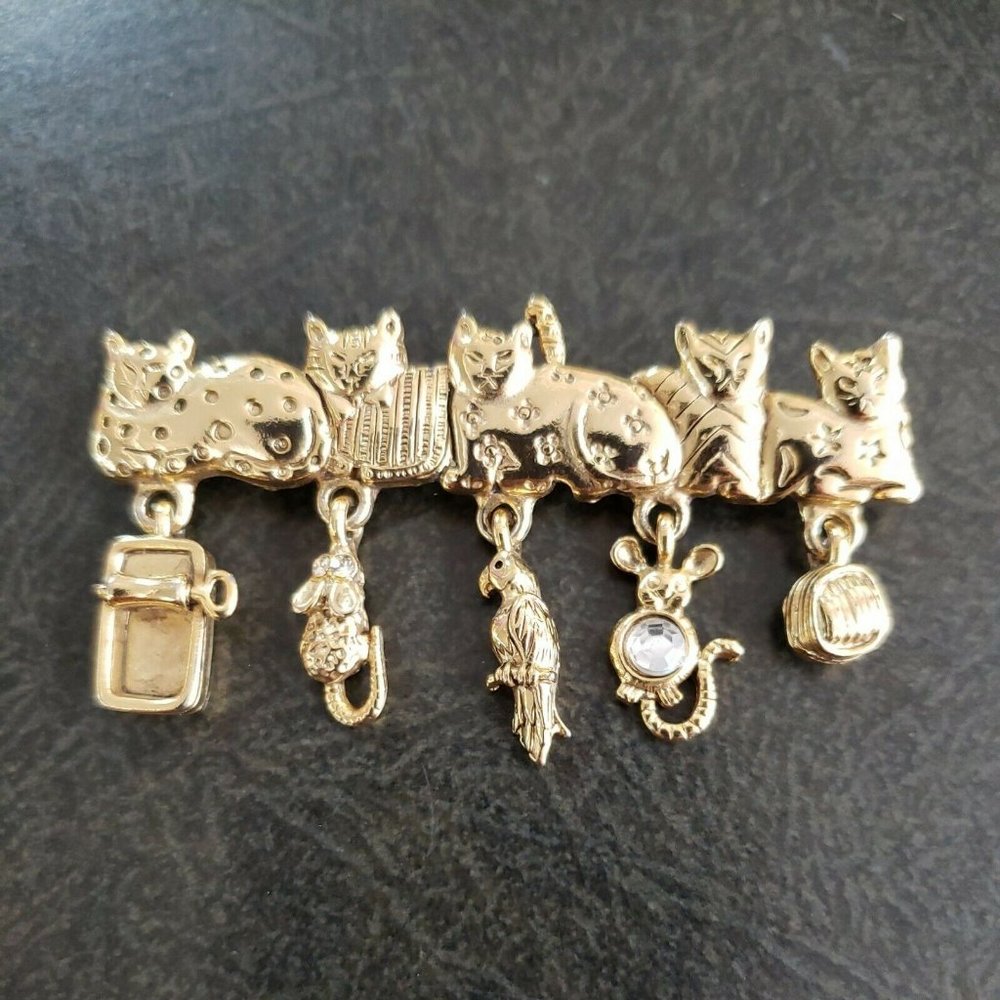 Vintage OAJC Cat Bar Brooch Pin with Dangling Charms Mouse Parrot Rhinestones
